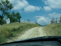 Blick aus dem Auto auf Feldweg in Hohlgasse