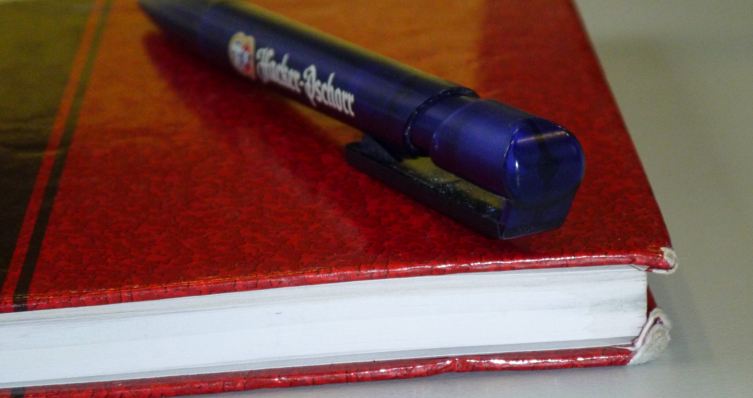 Blauer Kugelschreiber auf rotem Notizbuch