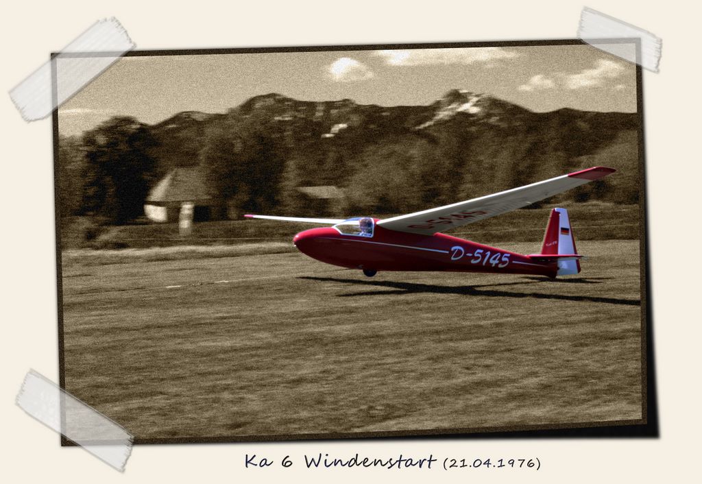 Mit Sepia bearbeitetes Foto eines startenden Segelflugzeuges