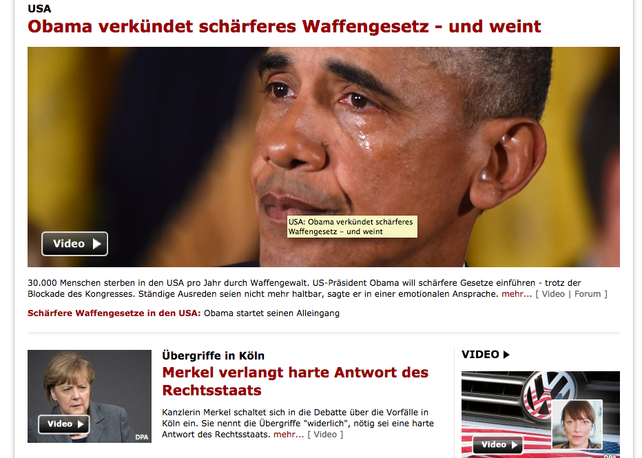 Weinender Obama vs. harte Merkel, Screenshot des 05. Januar 2016 um 21: 34 MEZ der Spiegel - Online Startseite