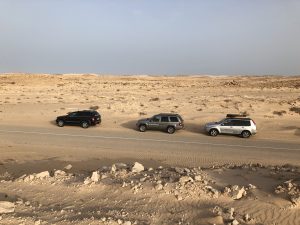 Fahrzeuge des Rallyetross am Straßenrand in der Wüste